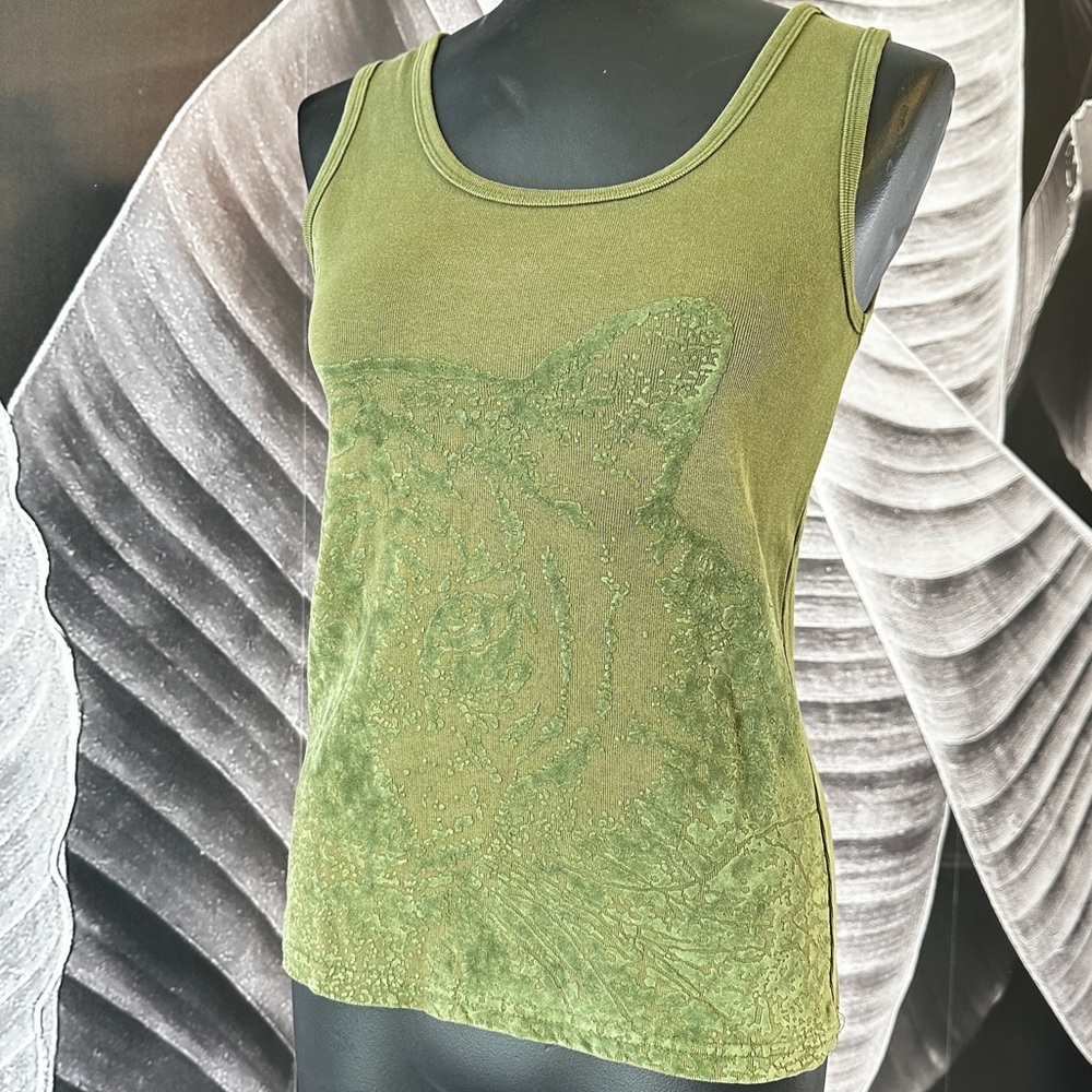 Vintage GAP Tank with Tiger M Tone on Tone Velvet Embossed Tiger Head Green